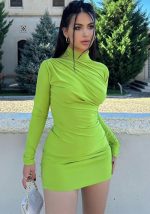 This Women Winter Solid Pleated Bodycon Dress Design Made Of High Quality Polyster And Spandex Material. It Is Stretchy