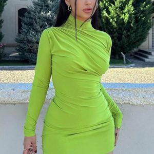 This Women Winter Solid Pleated Bodycon Dress Design Made Of High Quality Polyster And Spandex Material. It Is Stretchy