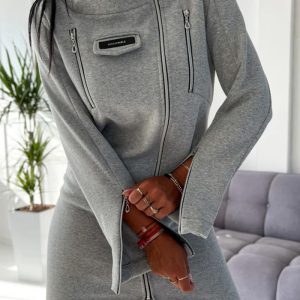 This Women Autumn Gray High Collar Zipper Dress Design Made Of High Quality Polyster And Spandex Material. It Is Stretchy