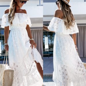 This Women Boho Lace Strapless Off Shoulder Long Beach Dress Design Made Of High Quality Polyster And Spandex Material. It Is Stretchy