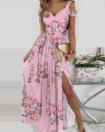 This Women Clothes Strap Floral Print Slit Maxi Dress Design Made Of High Quality Polyster And Spandex Material