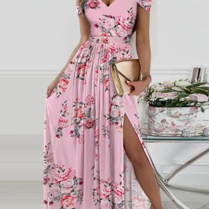 This Women Clothes Strap Floral Print Slit Maxi Dress Design Made Of High Quality Polyster And Spandex Material