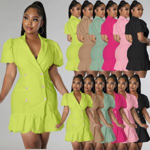 This Women Clothes Turndown Collar Puff Sleeves Solid Fishtail Dress Design Made Of High Quality Polyster And Spandex Material. It Is Stretchy