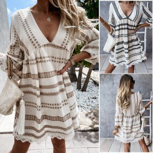 This Women Clothes Summer v Neck Lace Patchwork Casual Dress Design Made Of High Quality Polyster And Spandex Material. It Is Stretchy