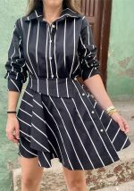 This Women Fashionable Black And White Striped Print Long Sleeve Dress Design Made Of High Quality Polyster And Spandex Material. It Is Stretchy