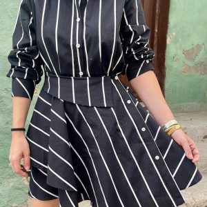 This Women Fashionable Black And White Striped Print Long Sleeve Dress Design Made Of High Quality Polyster And Spandex Material. It Is Stretchy