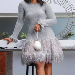 This Women Fringed Long Sleeve Dress Design Made Of High Quality Polyster And Spandex Material. It Is Stretchy