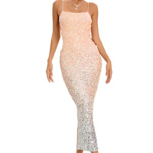 This Women Halter v-Neck Sexy Sequin Formal Party Evening Dress Design Made Of Good Quality Polyster And Spandex Material