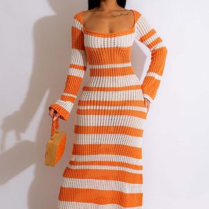 This Women Knitting Long Sleeve Striped Dress Combine The Warm And Fashion. It Is a Must-Have Item For This Winter. Sweater Dresses For Women At Global Lover Comes For Different Occasions - Daily Life