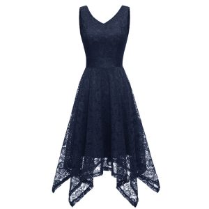 This Women Lace Sleeveless Deep v-Neck Irregular Dress Design Made Of High Level Material