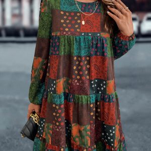 This Women Long Sleeve Printed Dress Design Made Of High Quality Polyster And Spandex Material. It Is Stretchy