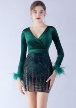 This Women Ostrich Feather Beaded Velvet Long-Sleeved Bodycon Dress Design Made Of Good Quality Polyster And Spandex Material