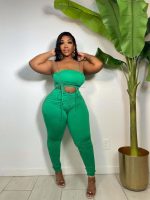 This Women Plain Color Lace Up Crop Top And Pant Two-Piece Set Design And Made Of Comfortable And Elastic Fabric. Wholesale Plus Size Two Piece Sets Is a Must-Have Item For Curvy Ladies. Two Piece Sets Can Either Be Worn Together Or Individually