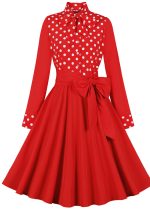 This Women Polka Dot Bow Long Sleeve Dress Design Made Of High Quality Polyster And Spandex Material. It Is Stretchy