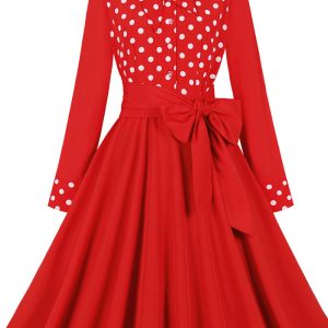 This Women Polka Dot Bow Long Sleeve Dress Design Made Of High Quality Polyster And Spandex Material. It Is Stretchy