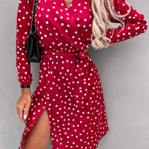 This Women Polka Dot Print Long Sleeve Slit Tie Dress Design Made Of High Quality Polyster And Spandex Material. It Is Stretchy