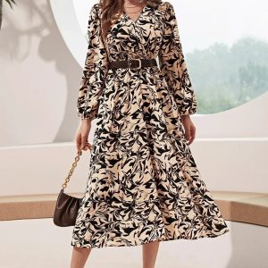 This Women Printed Long-Sleeved Dress (Without Belt) Design Made Of High Quality Polyster And Spandex Material. It Is Stretchy