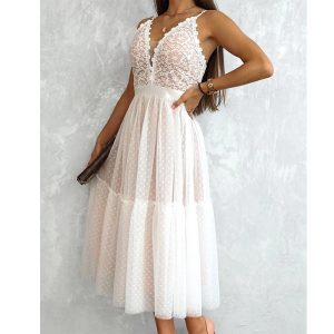 This Women Sexy Hollow Lace Straps Polka Dot Long Dress Design Made Of High Quality Polyster And Spandex Material. It Is Stretchy