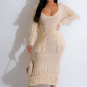 This Women Sexy Knitting Crochet Fringed Dress (With Pockets) Combine The Warm And Fashion. It Is a Must-Have Item For This Winter. Sweater Dresses For Women At Global Lover Comes For Different Occasions - Daily Life