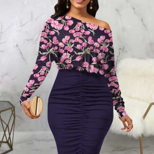 This Women Sexy Print Slash Shoulder Slightly Wrinkled Jx54651 Design Made Of High Quality Polyster And Spandex Material. It Come With Good Stretch And Wearing Comfortable. Women¡¯s Midi Dresses Is Omnipotent And Suit For All Kinds Of Occasions - Daily Wear