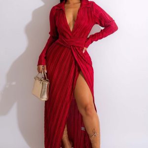 This Women Sexy Slit v-Neck Long-Sleeved Pleated Dress Design Made Of High Quality Polyster And Spandex Material