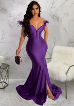 This Women Solid Color v-Neck Sleeveless Slit Mermaid Dress Evening Dress Design Made Of Good Quality Polyster And Spandex Material