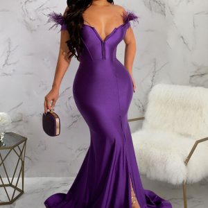 This Women Solid Color v-Neck Sleeveless Slit Mermaid Dress Evening Dress Design Made Of Good Quality Polyster And Spandex Material