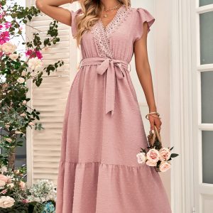 This Women Spring And Summer Solid Color Lace v-Neck Dress Design Made Of High Quality Polyster And Spandex Material. It Is Stretchy