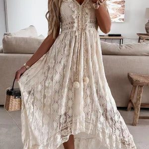 This Women Summer Lace Straps Large Hem Solid Long Dress Design Made Of High Quality Polyster And Spandex Material