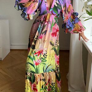 This Women Summer Printed Gradient Ruffled v-Neck Sexy Maxi Dress Design Made Of High Quality Polyster And Spandex Material