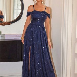 This Women Summer Sexy Slit Sequin Prom Dress Design Made Of Good Quality Polyster And Spandex Material