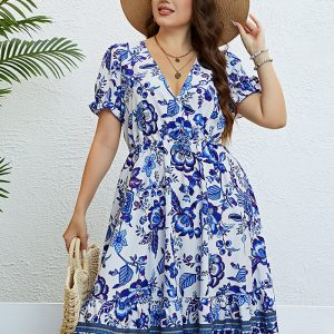 This Women Summer v-Neck Dress Made Of Soft And Elastic Fabric. Global Lover Wholesale Plus Size Dresses And Hope Curvy Ladies Find Here a Warm And Exciting Place To Shop Affordable Curvy Dresses Online - Plus Size Casual