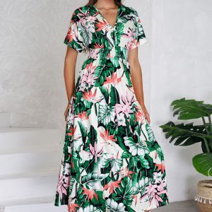 This Women Summer v-Neck Short-Sleeved Floral Dress Design Made Of High Quality Polyster And Spandex Material. It Come With Good Stretch And Wearing Comfortable. Women¡¯s Midi Dresses Is Omnipotent And Suit For All Kinds Of Occasions - Daily Wear