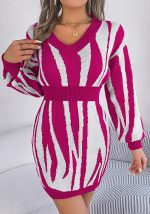 This Women v-Neck Contrast Zebra Print Long-Sleeved Bodycon Sweater Dress Combine The Warm And Fashion. It Is a Must-Have Item For This Winter. Sweater Dresses For Women At Global Lover Comes For Different Occasions - Daily Life