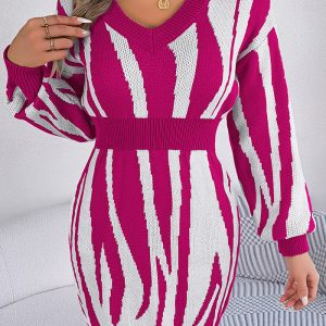 This Women v-Neck Contrast Zebra Print Long-Sleeved Bodycon Sweater Dress Combine The Warm And Fashion. It Is a Must-Have Item For This Winter. Sweater Dresses For Women At Global Lover Comes For Different Occasions - Daily Life