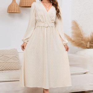 This Women v-Neck Long Sleeve Jacquard Dress Design Made Of High Quality Polyster And Spandex Material. It Is Stretchy