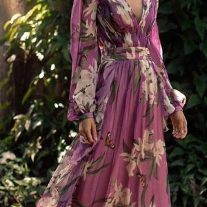 This Women v-Neck Long-Sleeve Printed Dress Design Made Of High Quality Polyster And Spandex Material