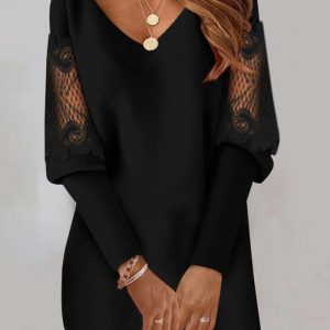 This Women v-Neck Long Sleeve Printed Lace Patchwork Dress Design Made Of High Quality Polyster And Spandex Material. It Is Stretchy