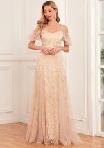 This Women v-Neck Off-The-Shoulder See-Through Zipper Mesh Embroidered Evening Dress Design Made Of High Level Material