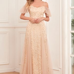 This Women v-Neck Off-The-Shoulder See-Through Zipper Mesh Embroidered Evening Dress Design Made Of High Level Material