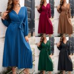 This Women's Autumn/Winter Elegant Long Sleeve v-Neck Pleated Dress Design Made Of High Quality Polyster And Spandex Material