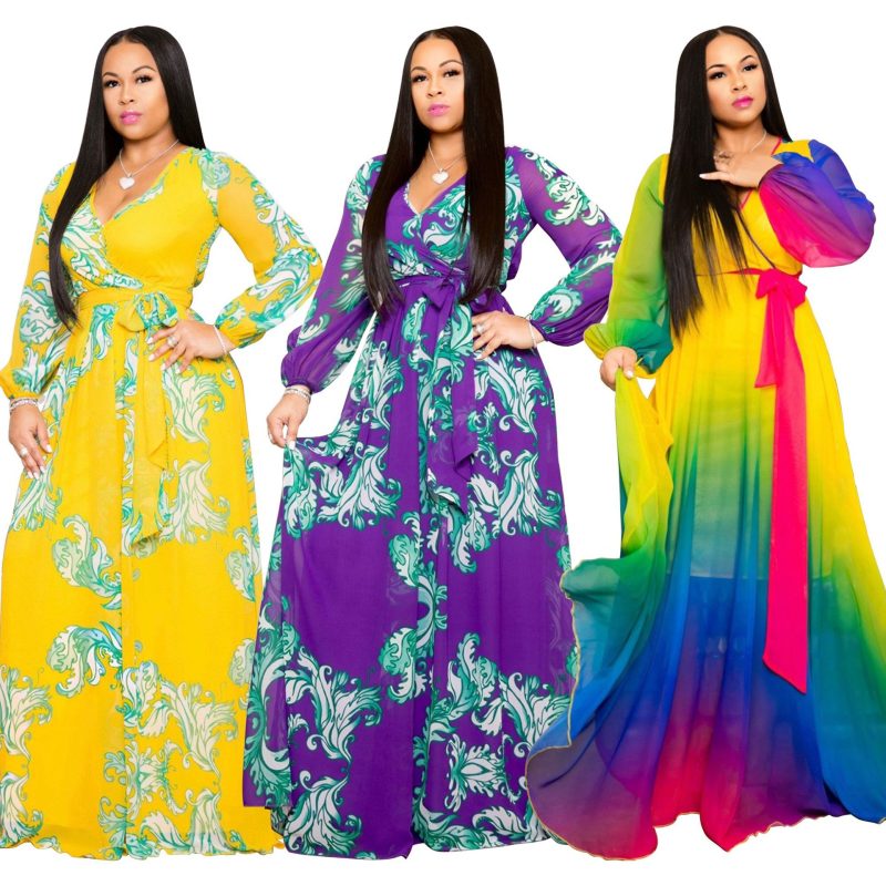 This Women's Beach Chiffon Dress Fashion Long Sleeve Printed Wrap Maxi Dress Design Made Of High Quality Polyster And Spandex Material