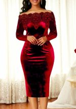 This Women's Chic Career Velvet Off Shoulder Solid Color Lace Patchwork Mid Length Bodycon Dress Design Made Of High Quality Polyster And Spandex Material. It Come With Good Stretch And Wearing Comfortable. Women¡¯s Midi Dresses Is Omnipotent And Suit For All Kinds Of Occasions - Daily Wear