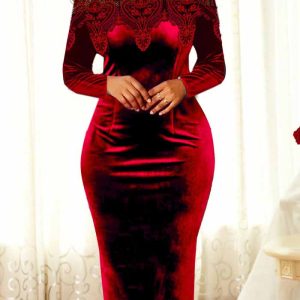 This Women's Chic Career Velvet Off Shoulder Solid Color Lace Patchwork Mid Length Bodycon Dress Design Made Of High Quality Polyster And Spandex Material. It Come With Good Stretch And Wearing Comfortable. Women¡¯s Midi Dresses Is Omnipotent And Suit For All Kinds Of Occasions - Daily Wear