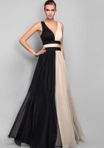 This Women's Chiffon Contrast Sleeveless v-Neck Patchwork Long Evening Dress Design Made Of High Quality Polyster And Spandex Material