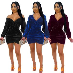 This Women's Clothing Fall Velvet Solid Color Pleated Long Sleeve Balloon Sleeve Deep v Slim Waist Dress Design Made Of Good Quality Polyster And Spandex Material