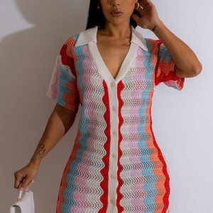 This Women's Clothing Sexy Hollow Out Contrast Color Turndown Collar v-Neck Knitting Dress Design Made Of High Quality Polyster And Spandex Material. It Is Stretchy