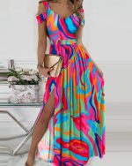 This Women's Contrast Print Off Shoulder Strap Slit Maxi Dress Design Made Of High Quality Polyster And Spandex Material