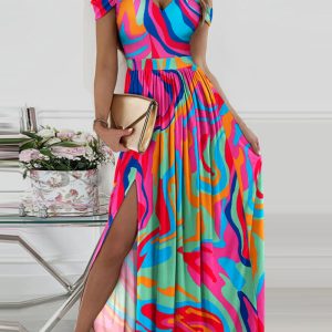 This Women's Contrast Print Off Shoulder Strap Slit Maxi Dress Design Made Of High Quality Polyster And Spandex Material