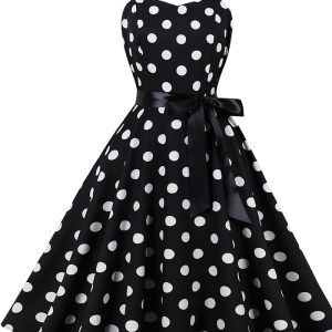 This Women's Dress Retro Polka Dot Print Straps a-Line Swing Dress Design Made Of High Quality Polyster And Spandex Material. It Is Stretchy